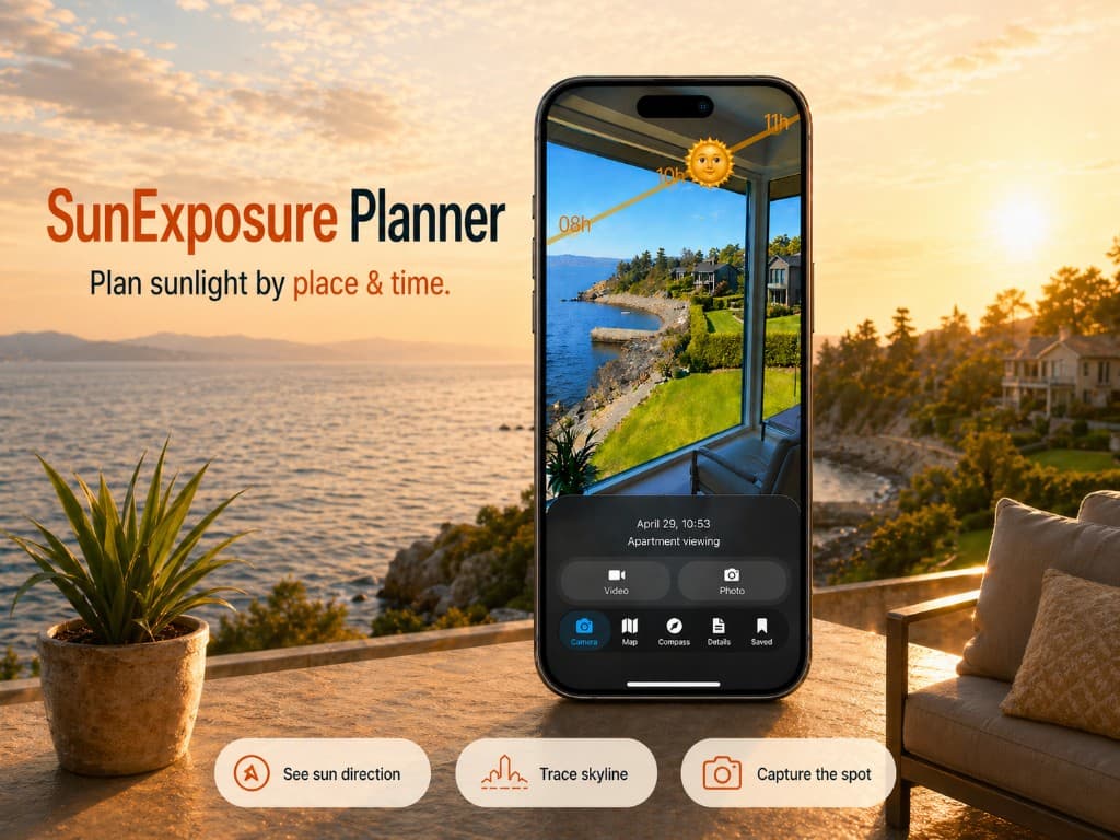 Sun Exposure Planner app preview showing sunlight planning for an apartment viewing.